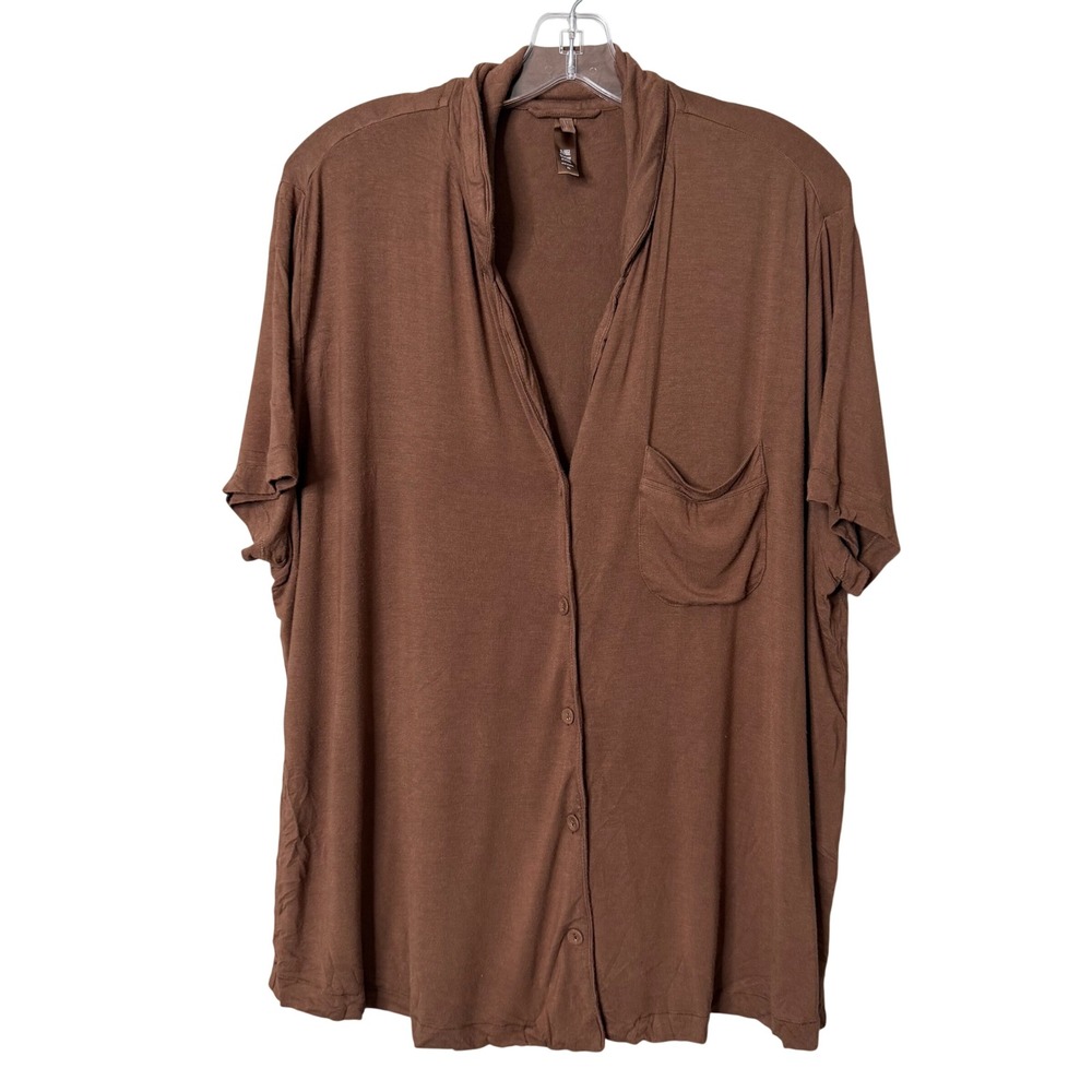 Skims Sleep Top Women XL Brown Oxide Short Sleeve Button Down Shawl Collar